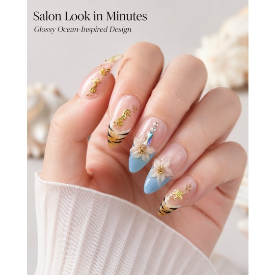 Ocean‑Charm 3D Flower Press‑On Nails, Medium‑Long Almond False Nails with Golden Seahorse, Starfish & Shell Texture
